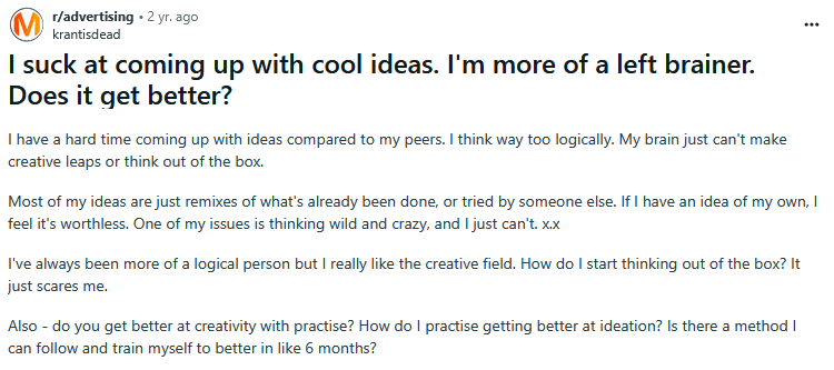 Reddit post about ideation struggles